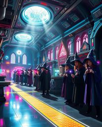 Discover a captivating blend of futuristic sci-fi and magical fantasy in this depiction of a school for young wizards.  Imagi