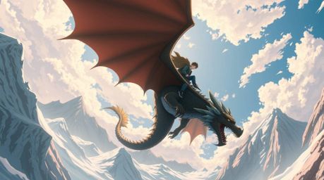 Experience a breathtaking Isekai adventure with a dragon and rider soaring above icy peaks.  Captured from a dramatic low ang