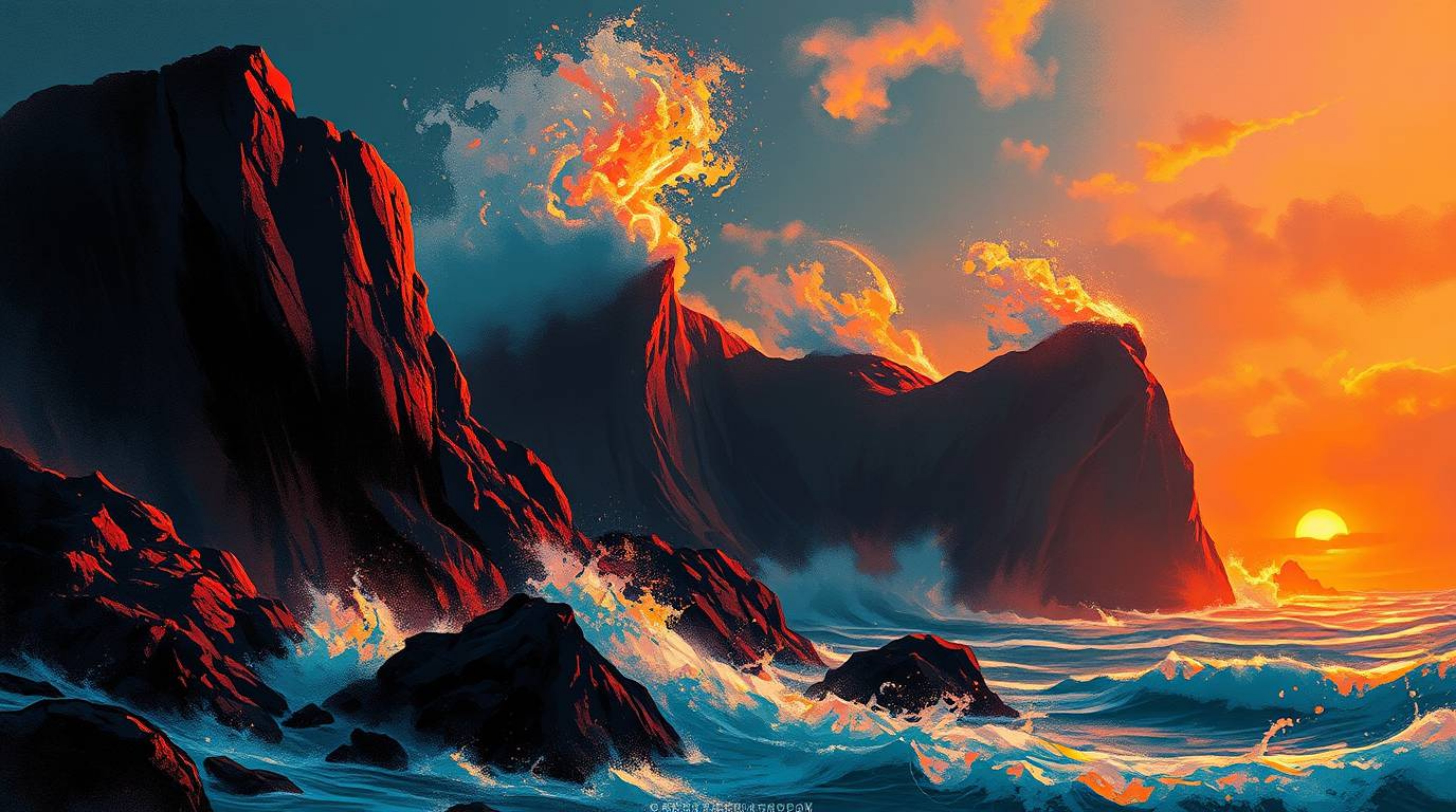 A vibrant digital sketch depicting waves crashing against dramatic cliffs at sunset.  Rendered in a loose, painterly style wi