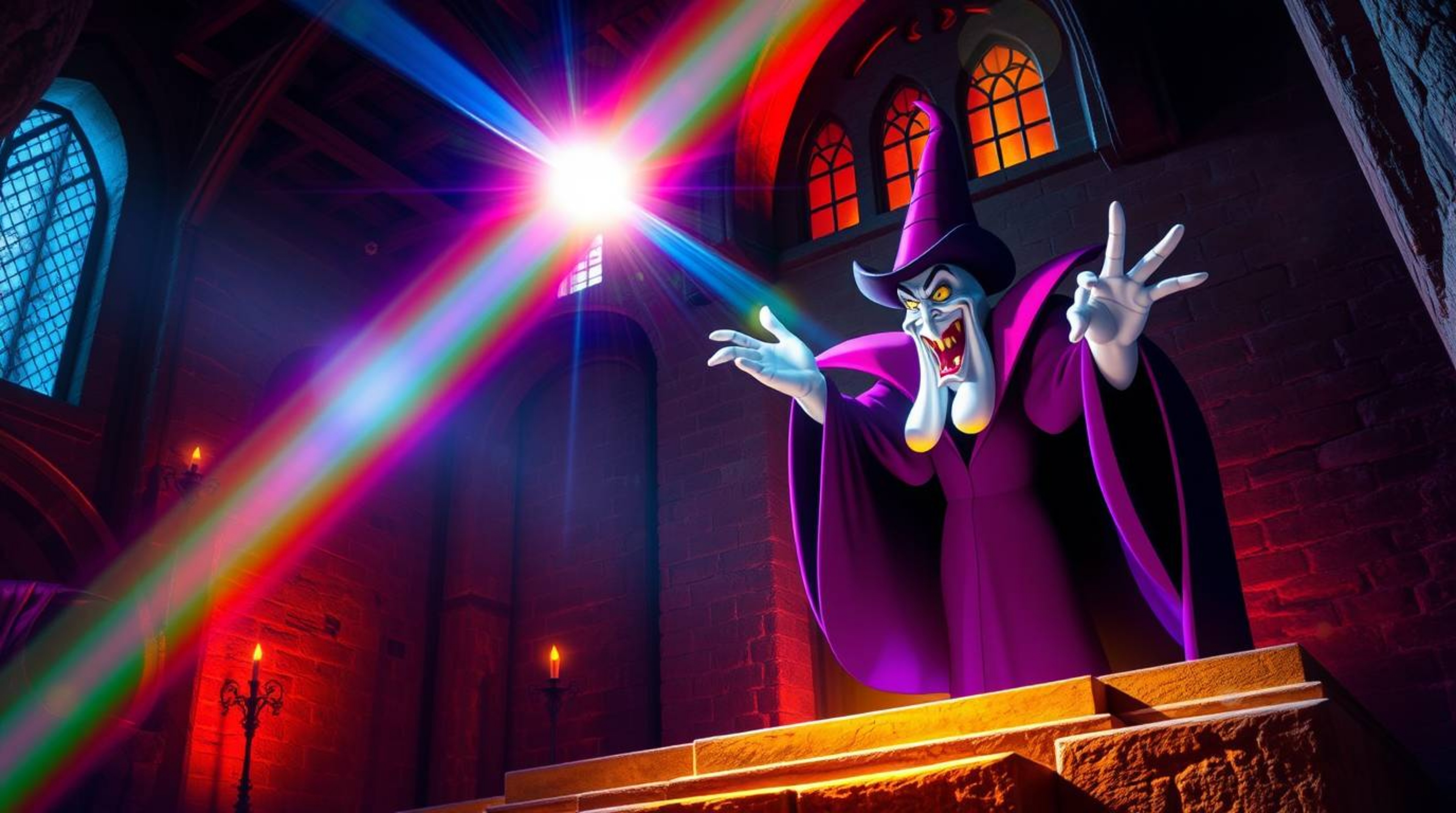 A classic Disney villain dramatically casts a spell within the walls of an ancient castle, illuminated by bright lens flares 