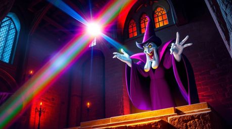 A classic Disney villain dramatically casts a spell within the walls of an ancient castle, illuminated by bright lens flares 