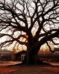 A sunset behind an old oak tree with twisted branches is rendered in natural earth tones with soft light, showcasing a palett