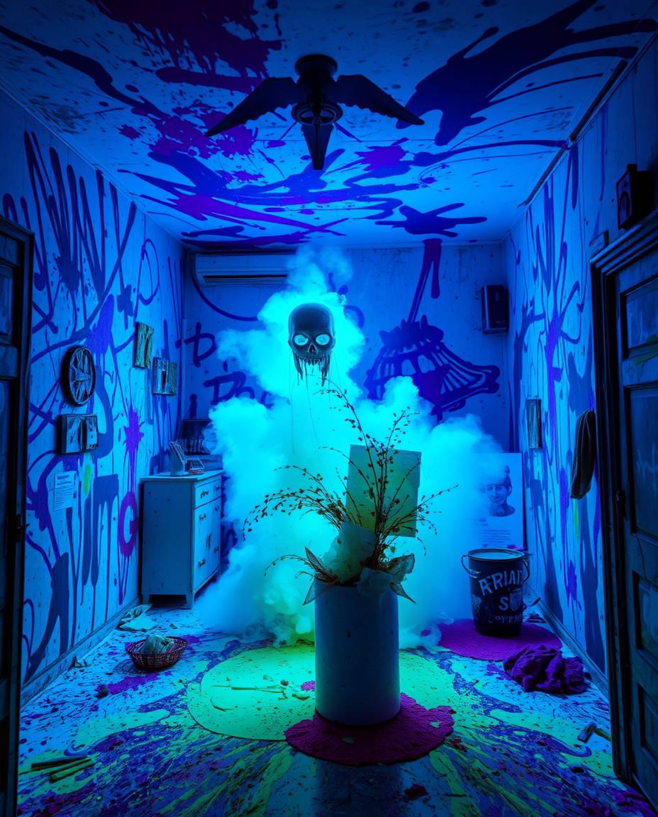 Experience the raw energy of a room exploding with vibrant paint in this candid street photography shot. The eerie and unsett