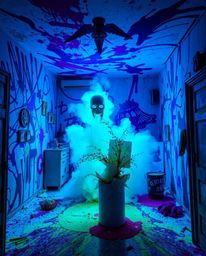 Experience the raw energy of a room exploding with vibrant paint in this candid street photography shot. The eerie and unsett