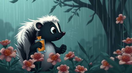 This image depicts a cartoon skunk spraying perfume onto flowers in a wet, rainy scene.  The artwork has a strong, moody styl