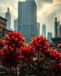 Intense dramatic lighting illuminates vibrant layered papier-mâché flowers thriving amidst the ruins of a post-apocalyptic ci