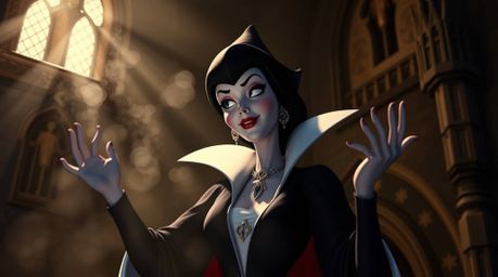 A graceful, elegant Disney villain with refined features casts a spell within the atmospheric confines of an old castle. Vol