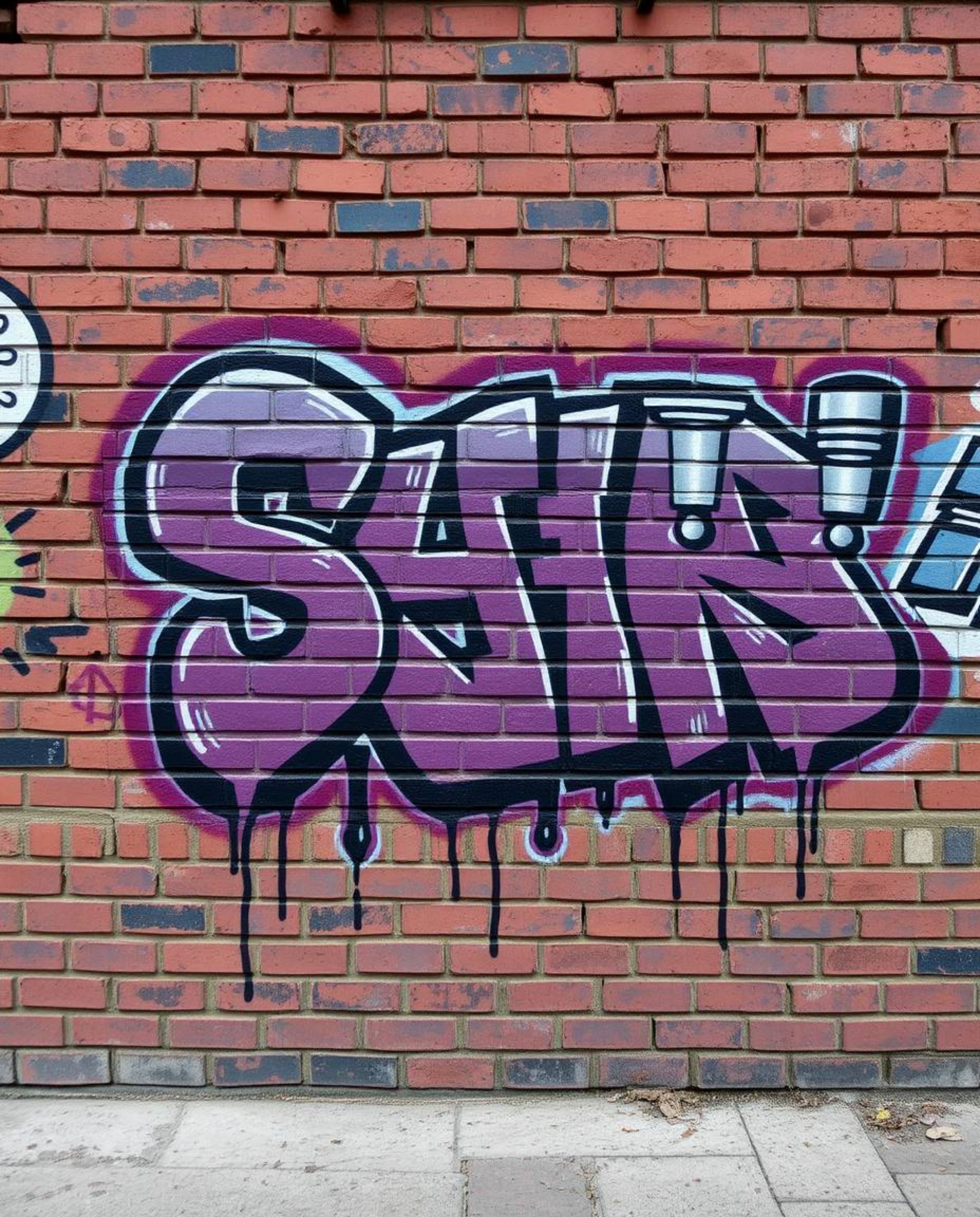 A captivating brick wall showcases futuristic sci-fi graffiti with a strong street art aesthetic. The artwork features unsett