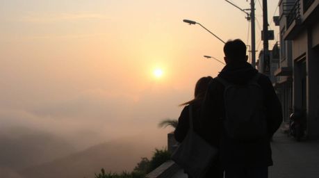 A captivating street photograph captures the beauty of fog-covered hills bathed in the warm glow of a setting sun.  The image