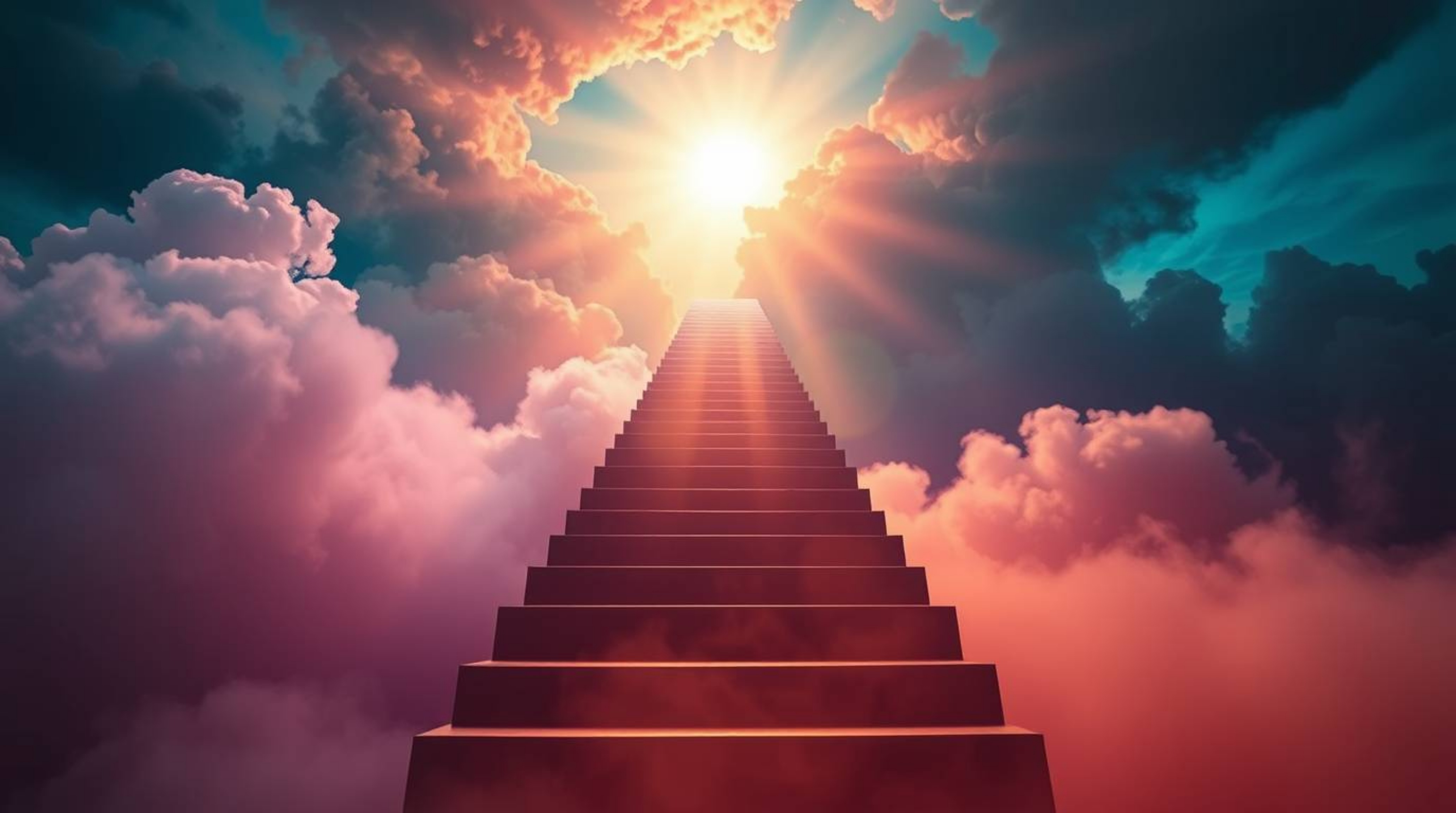 A captivating surreal artwork depicting a vibrant stairway ascending through smoky clouds towards a celestial light source.  
