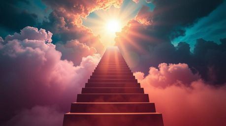 A captivating surreal artwork depicting a vibrant stairway ascending through smoky clouds towards a celestial light source.  