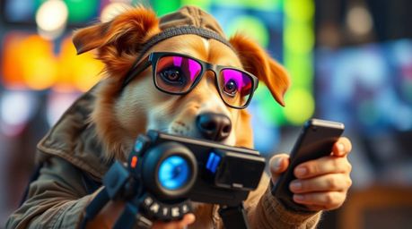 A lively and energetic image of a dog detective utilizing high-tech gadgets. The composition features bright and vibrant colo