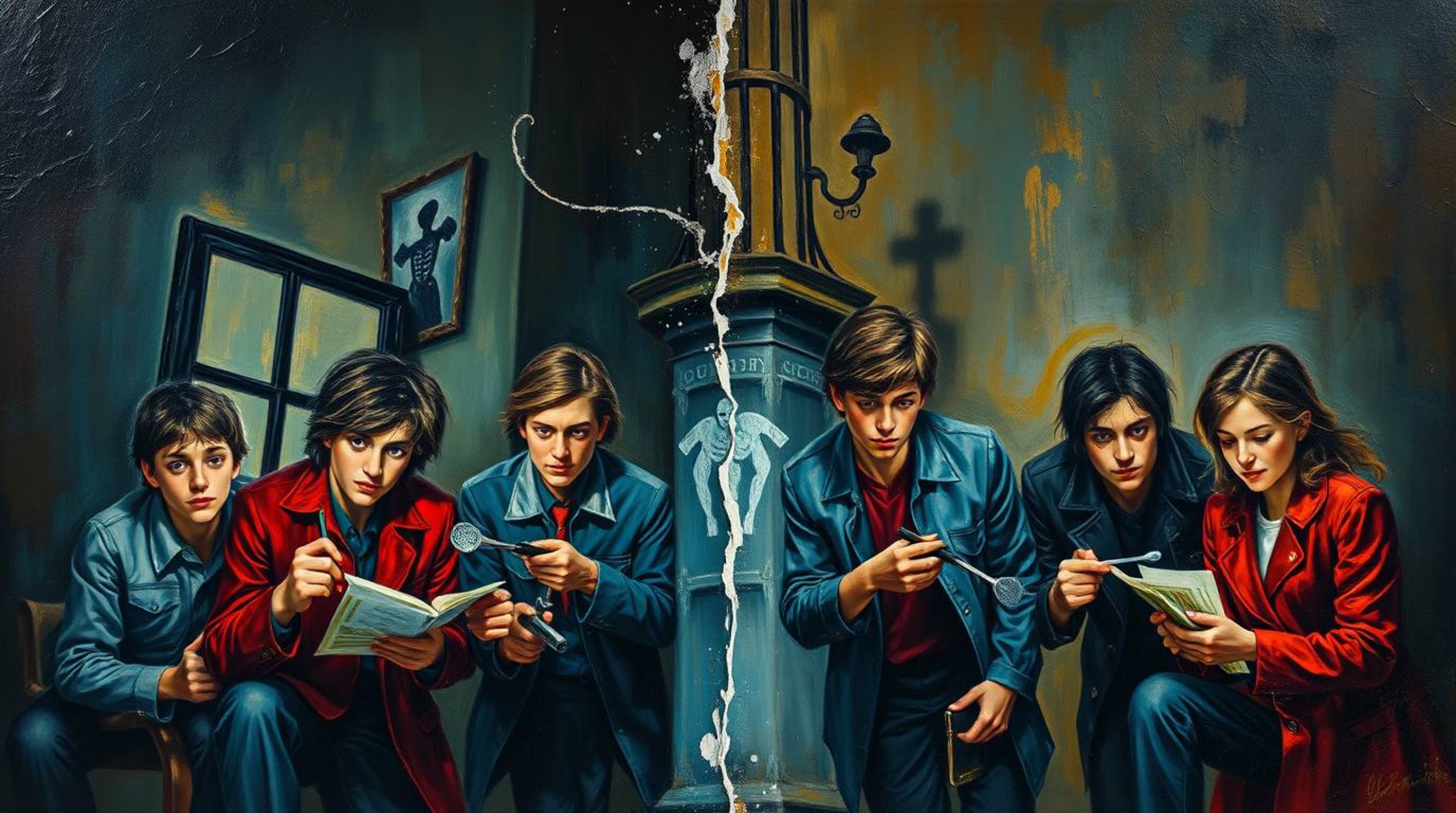 A captivating classic oil painting depicts a group of teenagers unraveling mysteries within a haunted mansion.  The artwork's