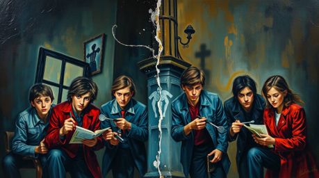 A captivating classic oil painting depicts a group of teenagers unraveling mysteries within a haunted mansion.  The artwork's
