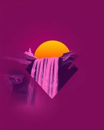 A surreal infrared logo depicts a sunset behind a dramatic waterfall. The design features geometric shapes, clean lines, bala