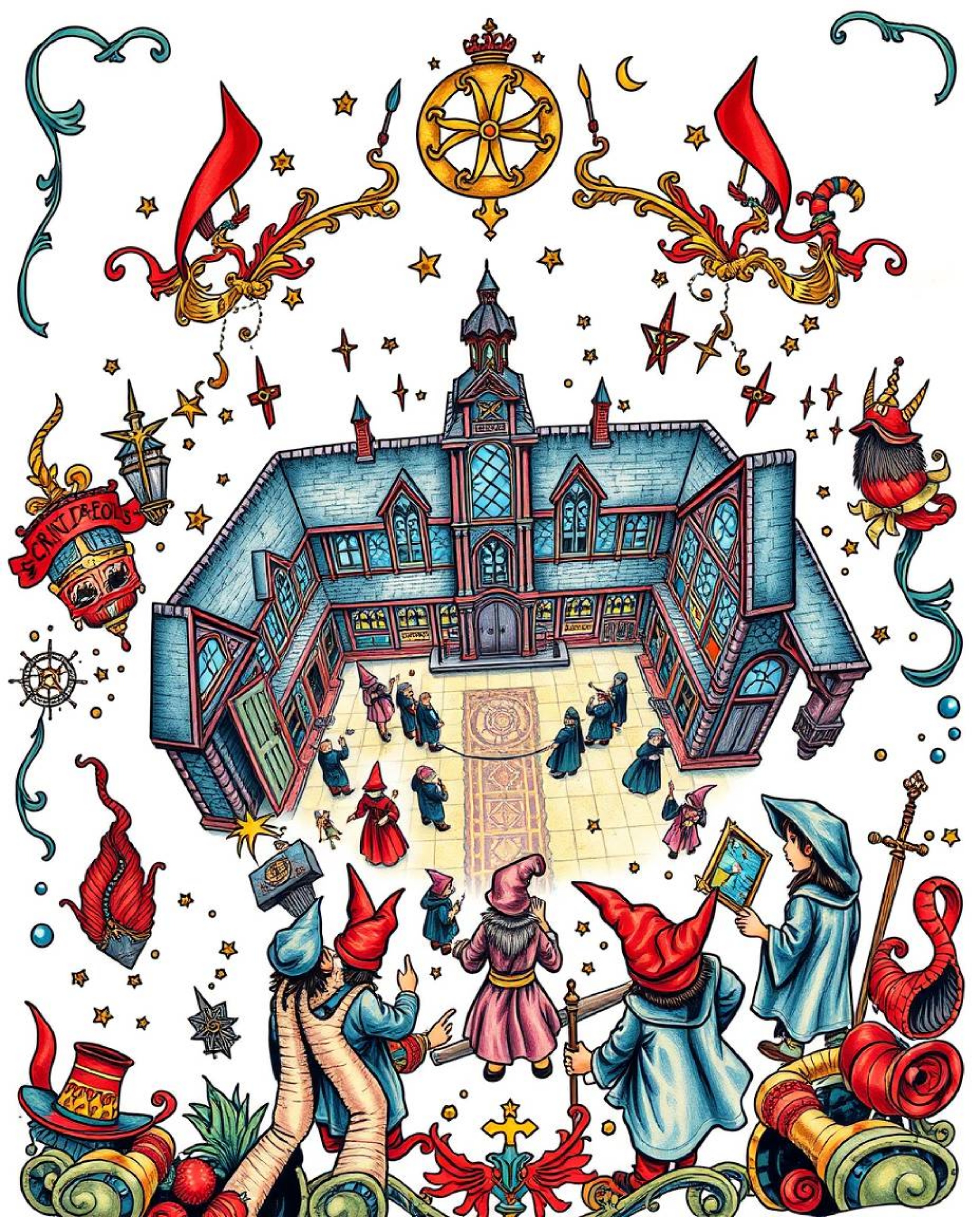Immerse yourself in a high-angle perspective view of a traditional tattoo art print showcasing a magical school teeming with 