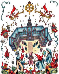 Immerse yourself in a high-angle perspective view of a traditional tattoo art print showcasing a magical school teeming with 