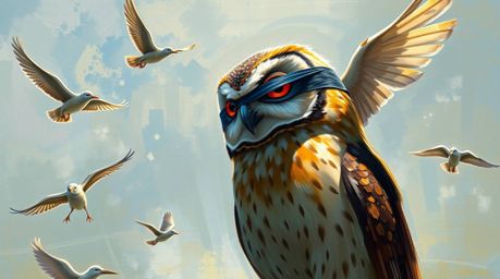 A captivating oil painting portrays a blind owl, rendered in a charming Pixar style, guiding birds in their flight lessons wh