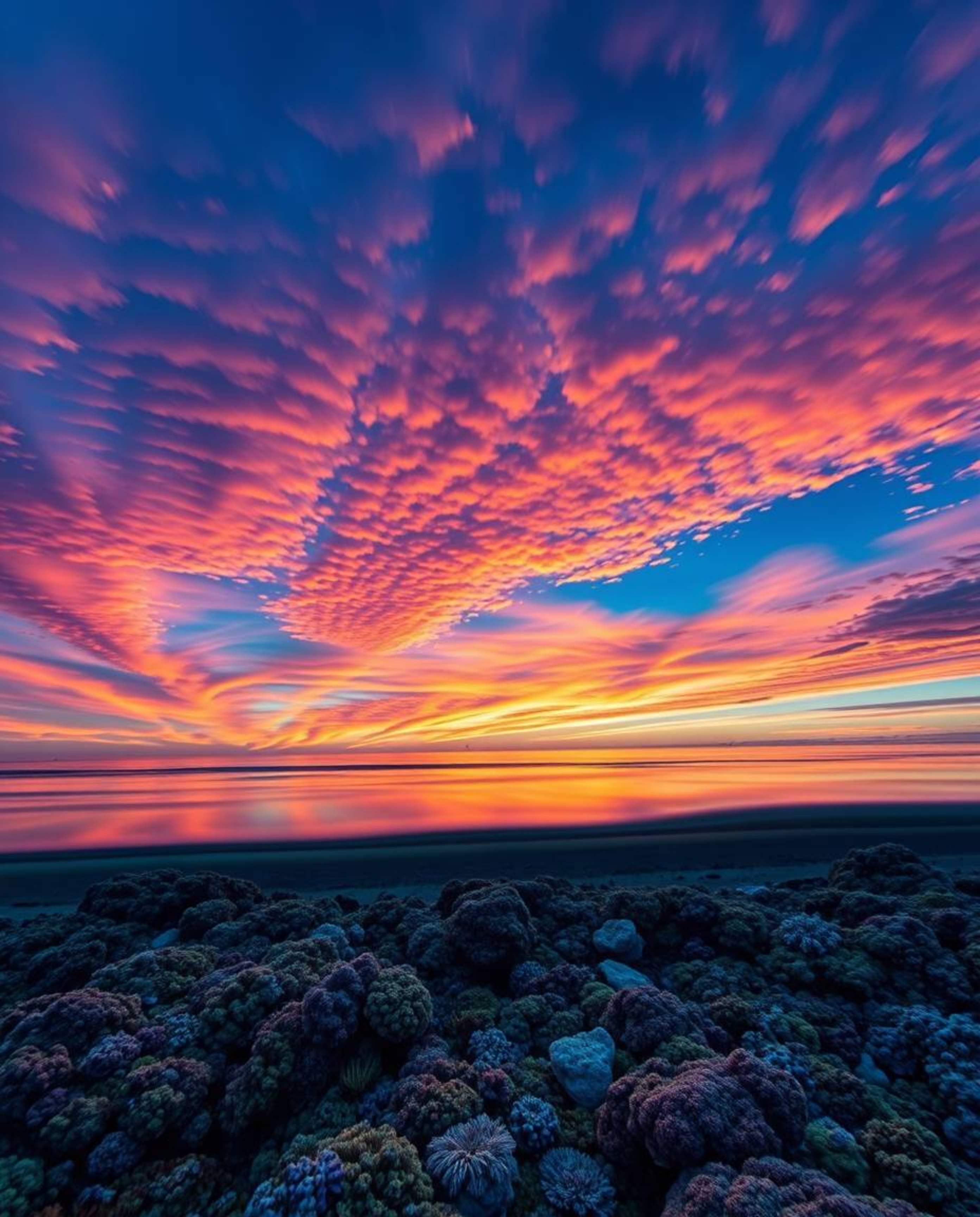 An image of a colorful sky over a coral reef at low tide, rendered in stunning electric vivid colors. This piece captures a v