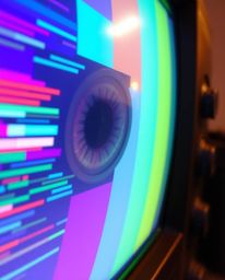Experience a futuristic sci-fi visual feast with this extreme macro close-up shot showcasing cool colors dancing across a TV 