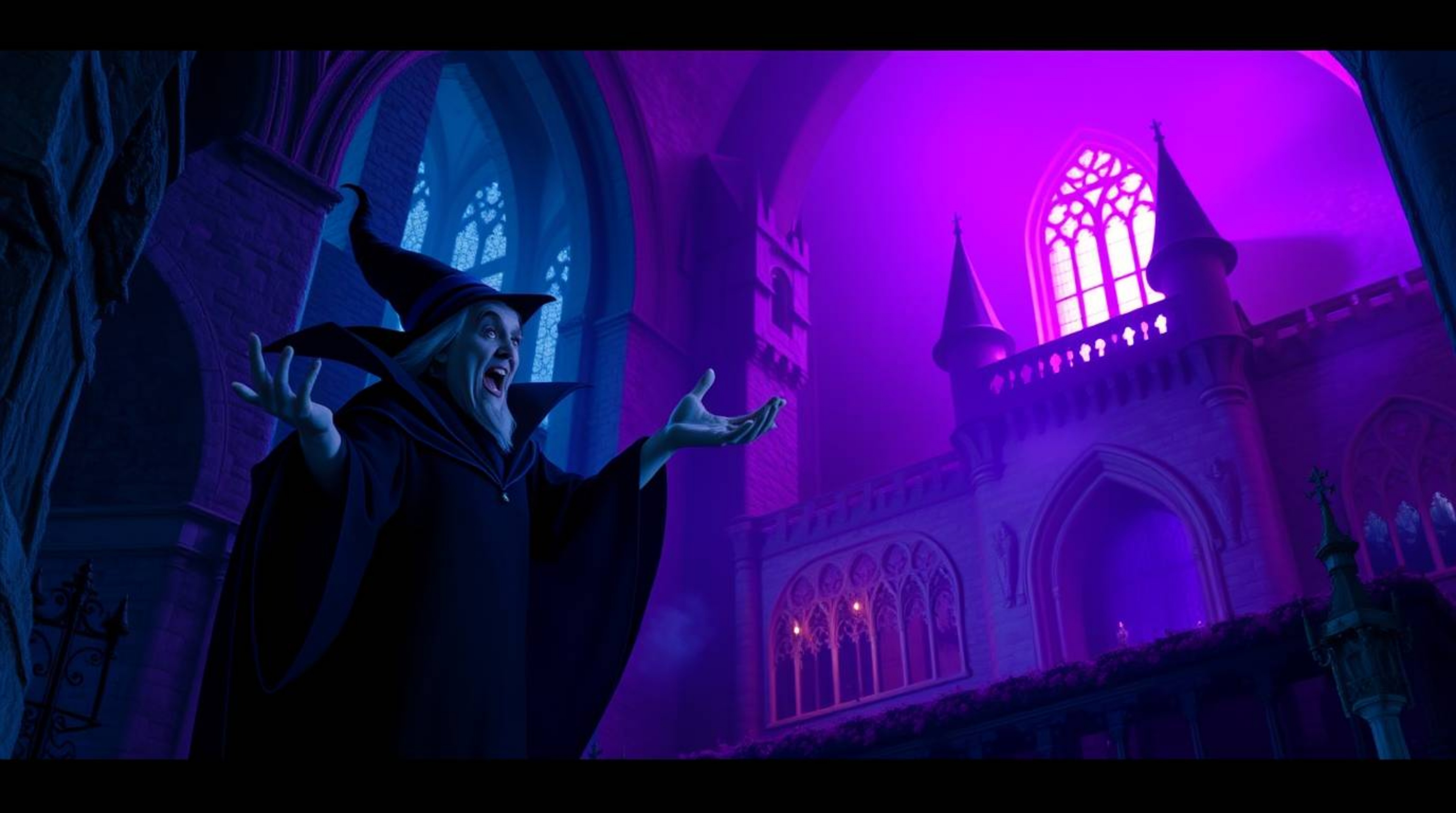 A captivating cinematic image depicts a classic Disney villain casting a spell within the ancient walls of a castle.  The sce