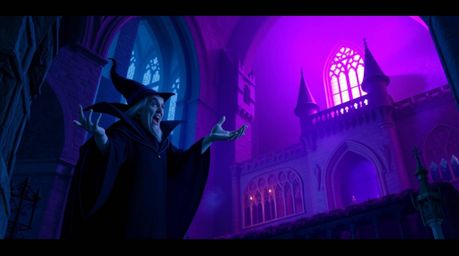 A captivating cinematic image depicts a classic Disney villain casting a spell within the ancient walls of a castle. The sce