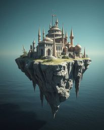A surreal floating island presents a captivating scene of bizarre architecture bathed in stark, hard light. The island itself