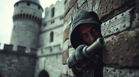 A dramatic and intense architectural photograph capturing a thief infiltrating a heavily guarded castle. The high-contrast, l