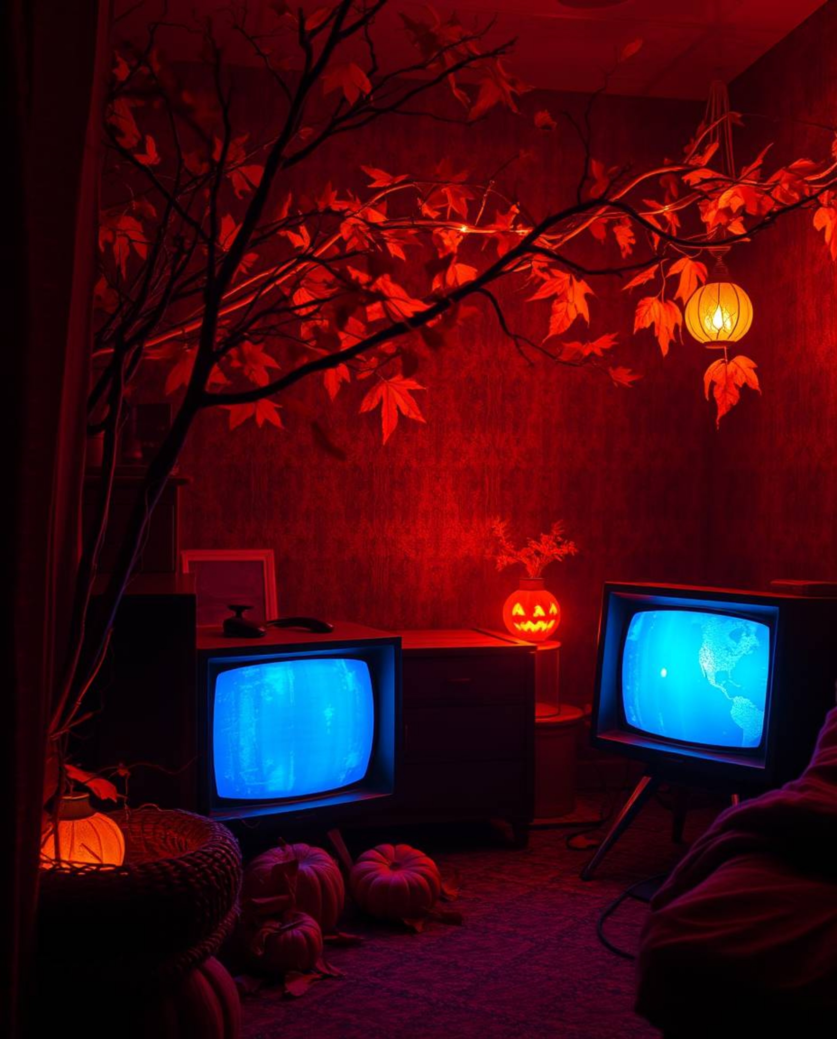Immerse yourself in an eerie and captivating atmosphere with this artwork blending warm autumn colors and glowing bioluminesc