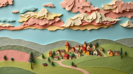 Escape to a serene and charming village nestled in a picturesque valley, bathed in the soft glow of a colorful sky. This artw