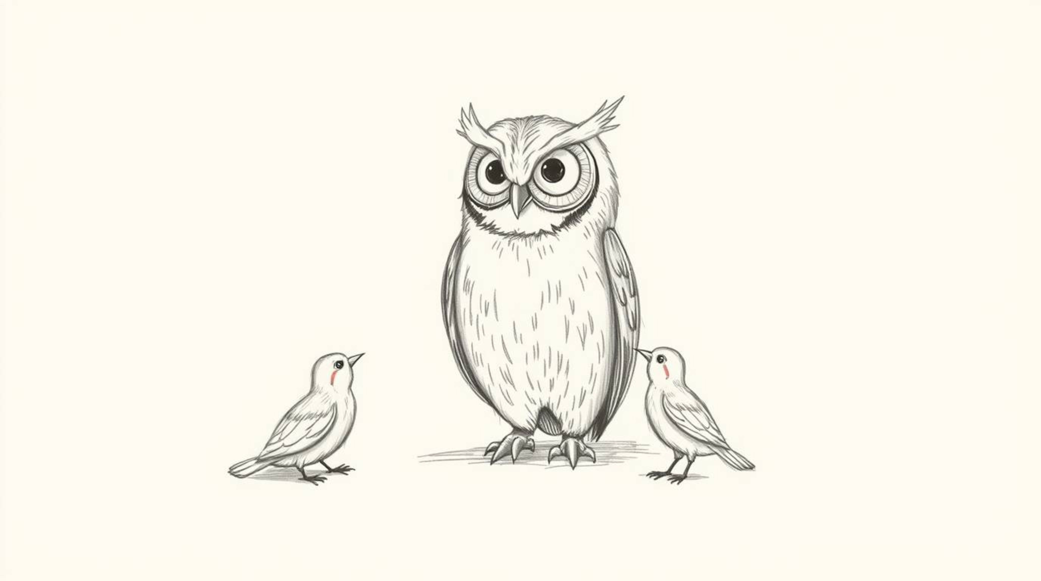 A rough, textured pencil sketch in Pixar style depicts a blind owl patiently teaching young birds to fly. The young birds cir