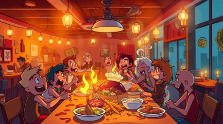 Witness a hilariously chaotic food fight erupting in a charming cartoon cafeteria, bathed in the warm glow of flickering cand