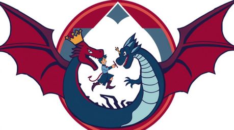 A captivating logo design featuring a charming prince battling a dragon, rendered in a nostalgic 1950s animation style. The