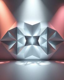 A captivating monochrome 3D rendering showcases a geometric pattern resembling folded paper, illuminated by soft pastel backl