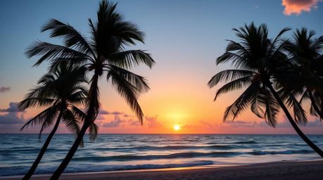 Stunning high-resolution stock photo of a tropical beach sunset.  Commercial-quality image featuring swaying palm trees and p