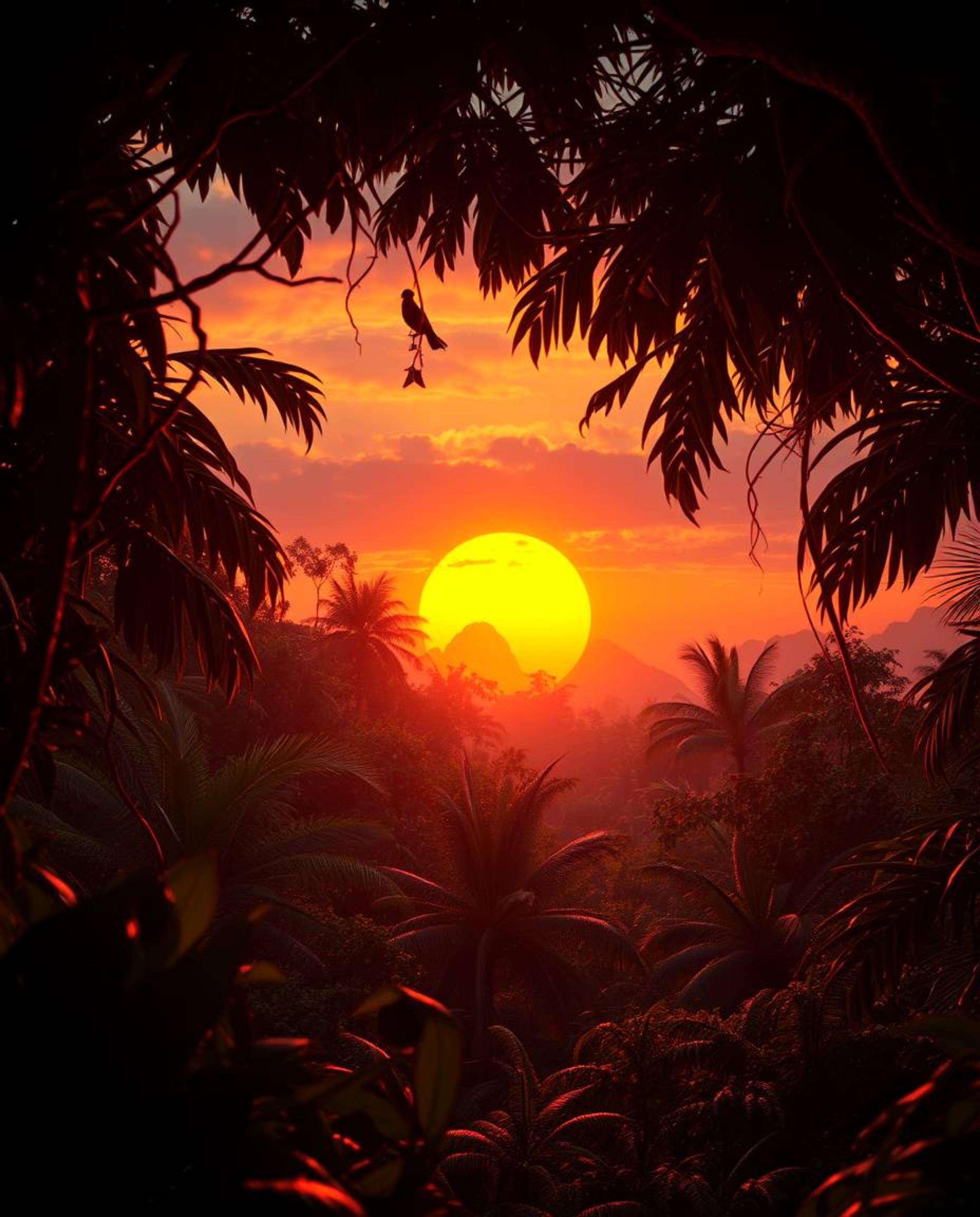 A dreamlike and surreal image depicting a sunset filtering through a dense jungle canopy. This piece is defined by its use of