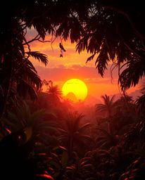 A dreamlike and surreal image depicting a sunset filtering through a dense jungle canopy. This piece is defined by its use of