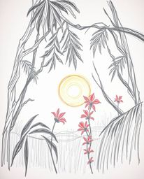 A hand-drawn sketch depicting the iridescent colors and reflections of a sunset filtering through a dense jungle canopy. The 