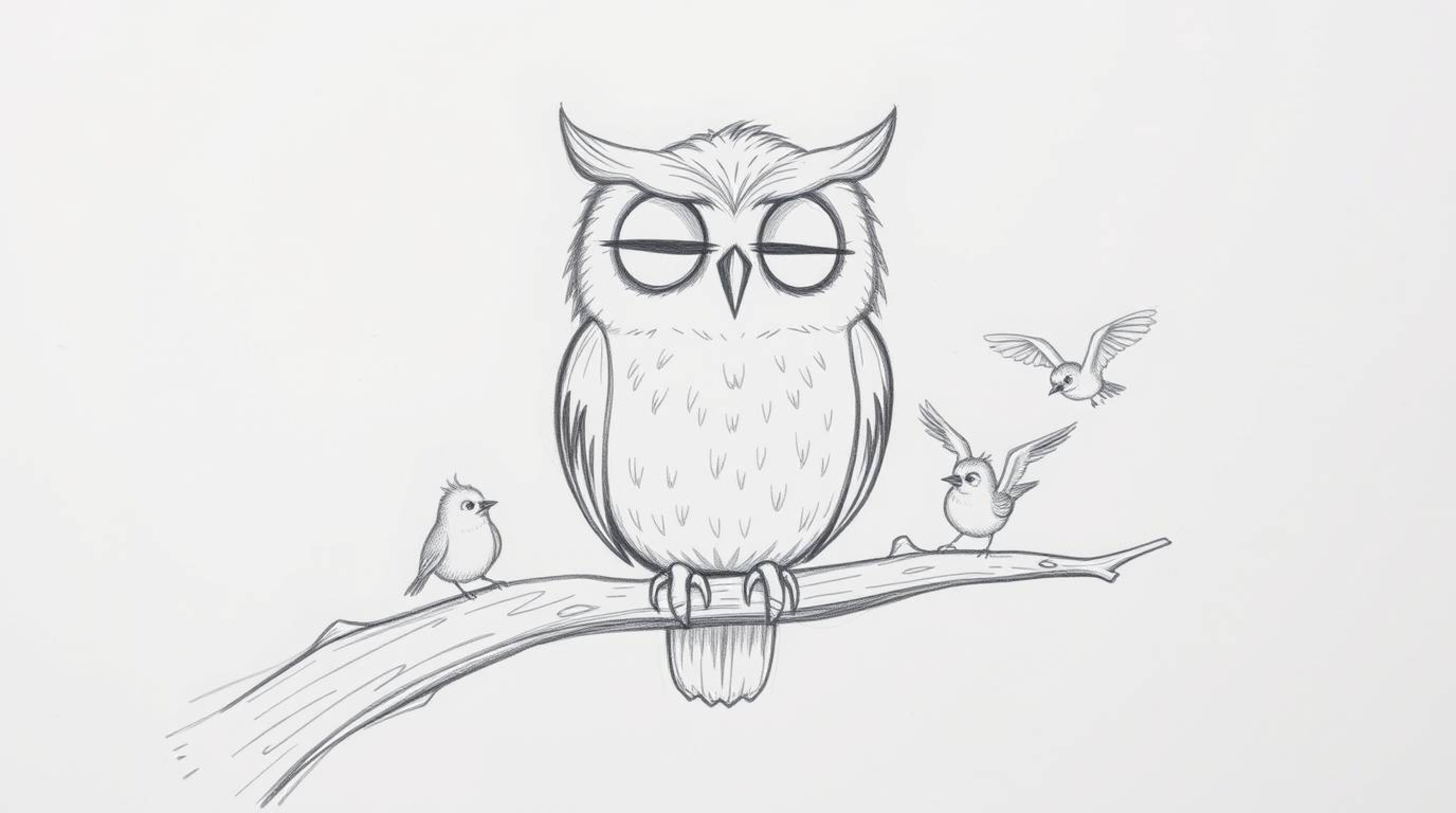 A charming hand-drawn sketch in Pixar style depicts a kind, blind owl perched on a hollow branch, surrounded by small birds i