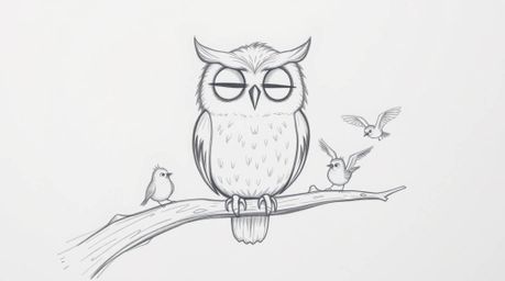 A charming hand-drawn sketch in Pixar style depicts a kind, blind owl perched on a hollow branch, surrounded by small birds i