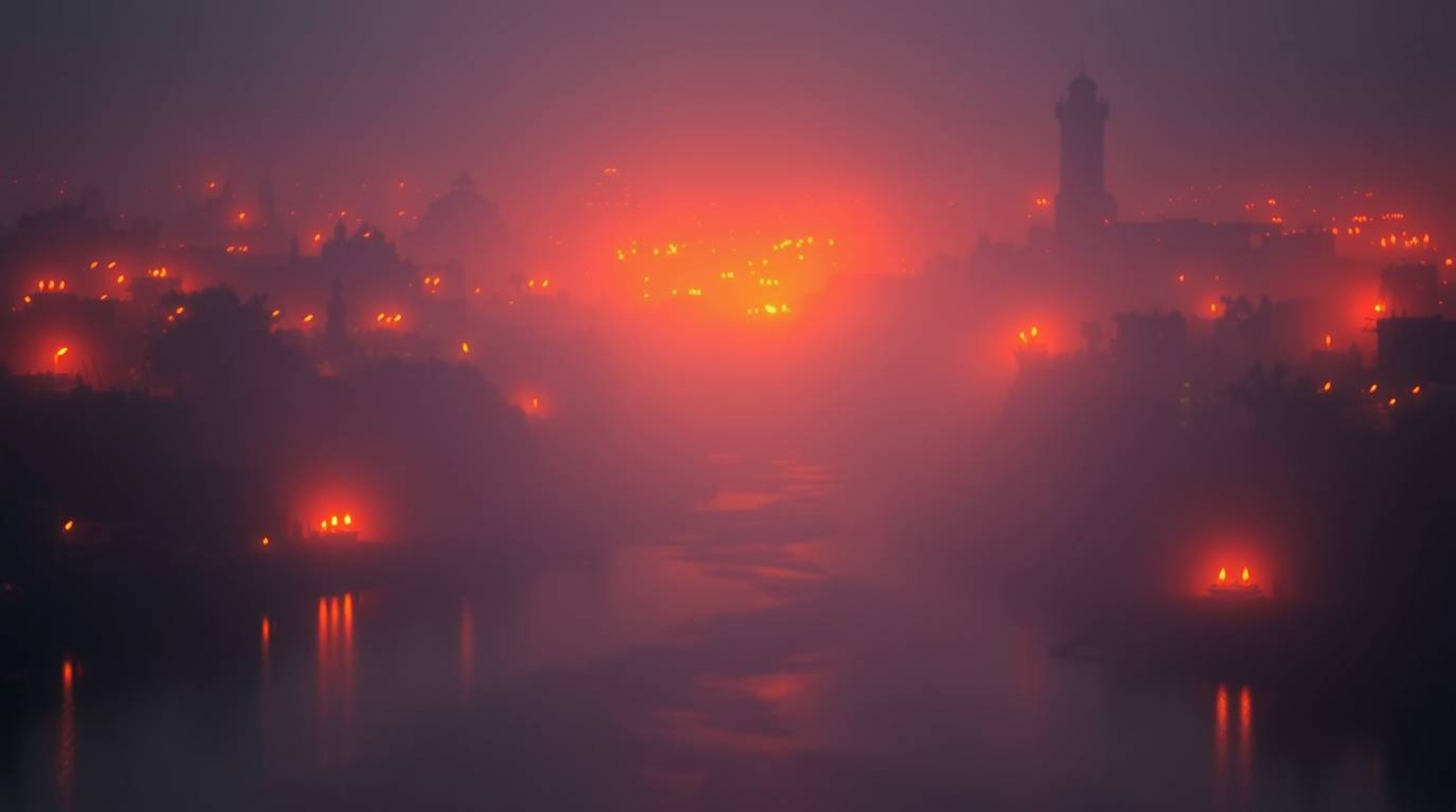 Experience a soft, dreamy atmosphere with a river delta bathed in the warm hues of candlelight. Flickering flames and soft, h