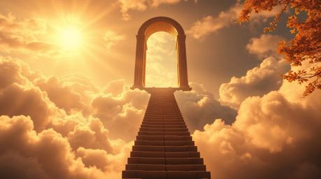 Immerse yourself in a breathtaking high-resolution stock photo featuring a dramatic heavenly gate floating above clouds, capt
