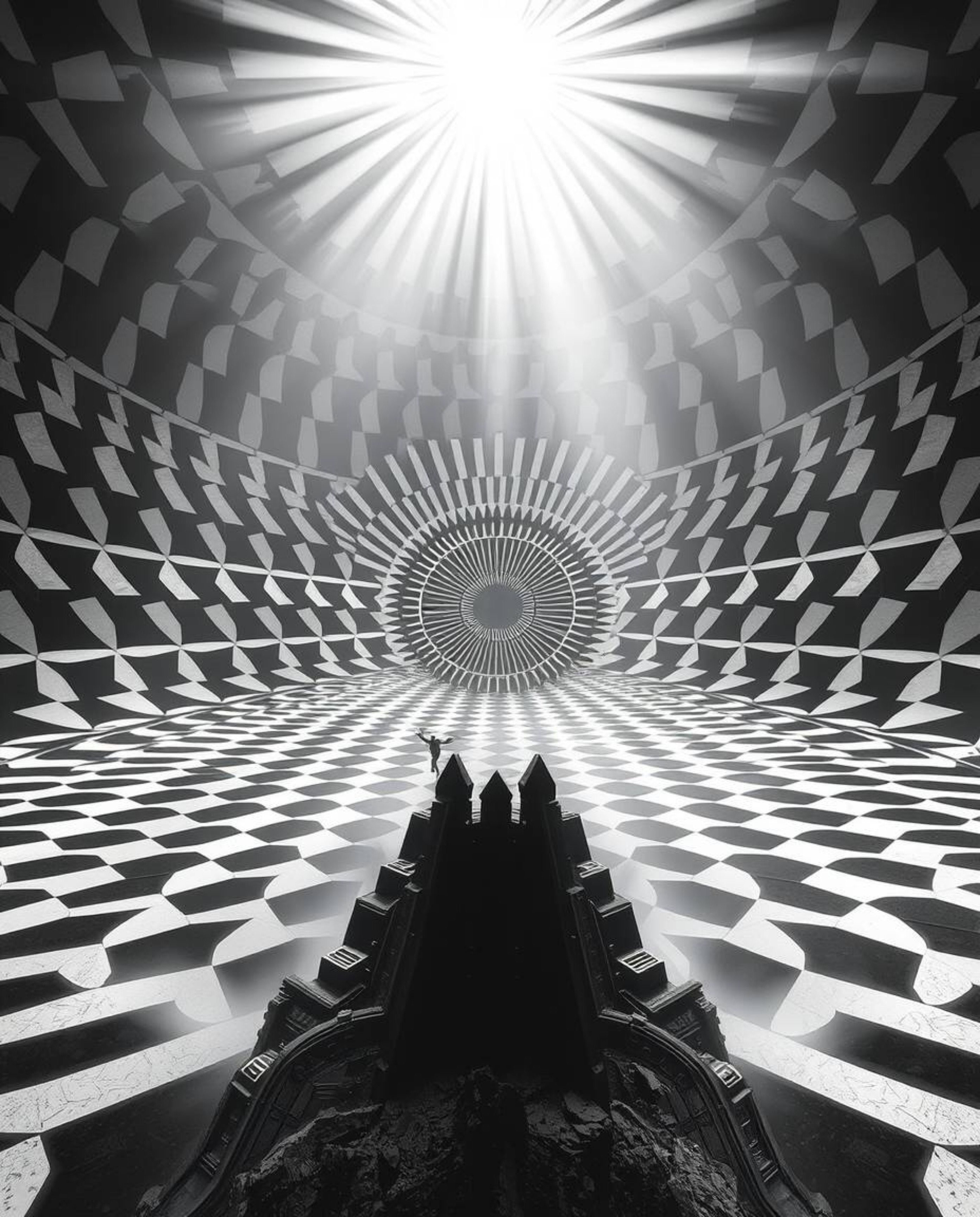 This collection showcases grand, epic scenes in black and white, featuring mesmerizing geometric optical illusion patterns wi