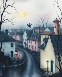 A captivating watercolor painting depicts a sleepy town with pastel-colored houses, juxtaposed with subtly unsettling details