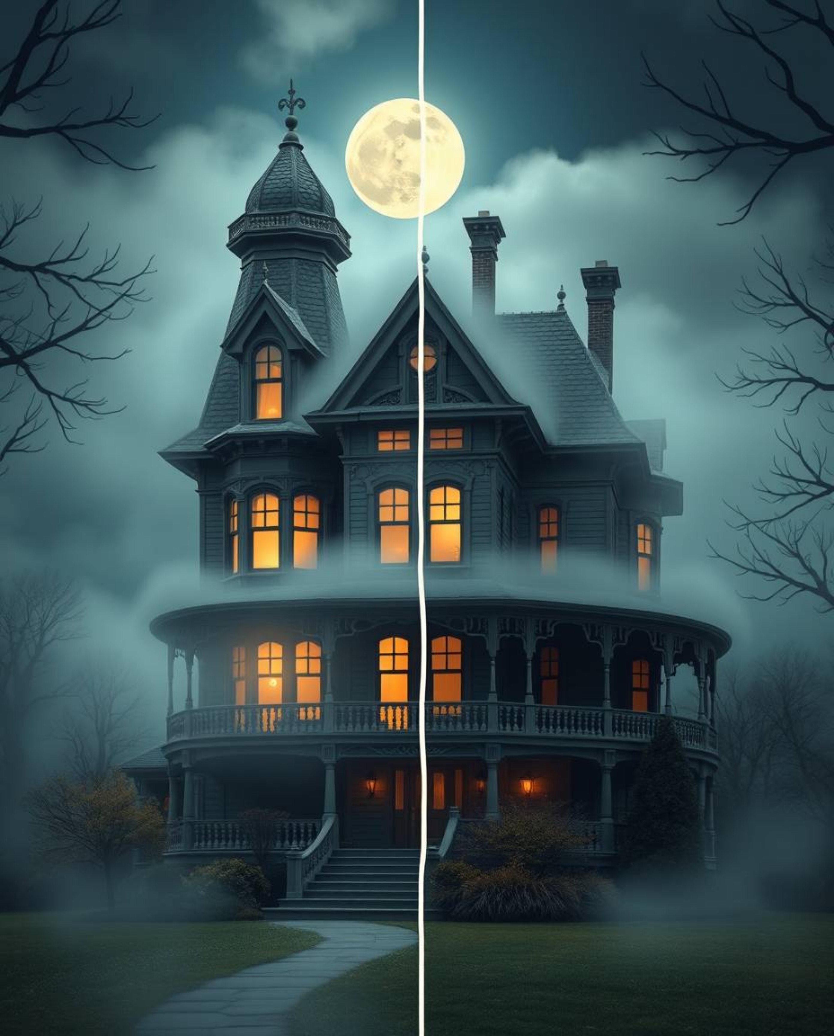 This captivating split image showcases a charming and cute Victorian mansion enveloped in a mystical fog under the soft glow 