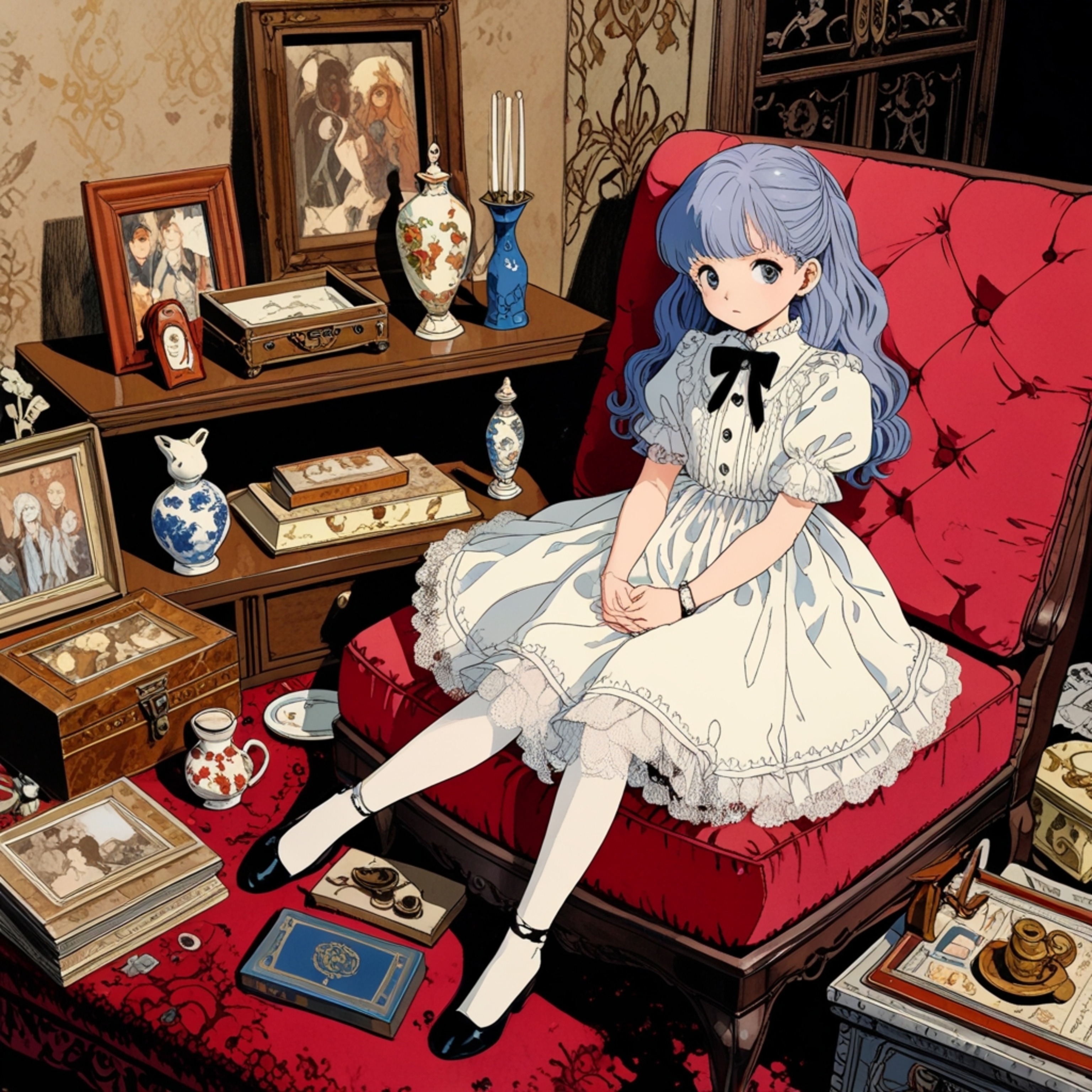 This image showcases a delicate porcelain doll adorned in a beautiful lace dress, elegantly posed on a plush velvet cushion. 