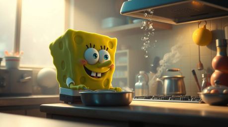 Experience a whimsical underwater culinary adventure! This cinematic image features a charming sponge character cooking in a 
