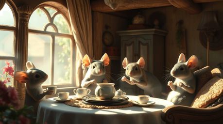 Experience the charm of anthropomorphic mice enjoying a delightful tea party in a cozy cottage. The scene is bathed in a uniq