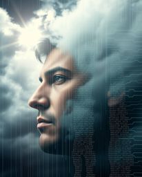 A high-resolution stock photo depicting a dramatic scene of stormy skies and high tension.  A digital glitch effect transform