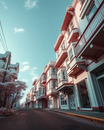 Explore a surreal street scene captured with infrared tones and a low angle perspective, creating an otherworldly appearance 